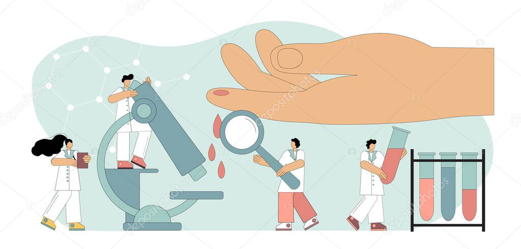 Flat vector illustration. Medical blood test. Chemical laboratory analysis, laboratory, clinic research