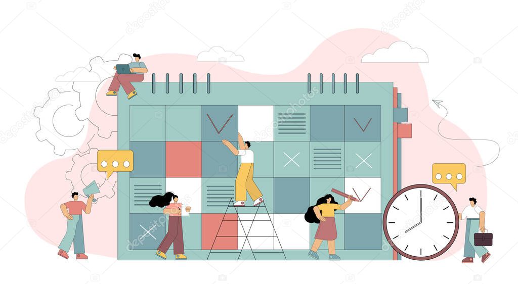 Planning concept. Schedule scheduling. Organization of events, office work. People fill out the calendar, plan, organize work. Vector flat illustration isolated on white background.