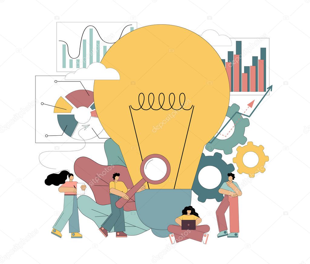 Search for new solutions, brainstorming. Flat people look at the lamp for ideas. Vector illustration isolated on white background.