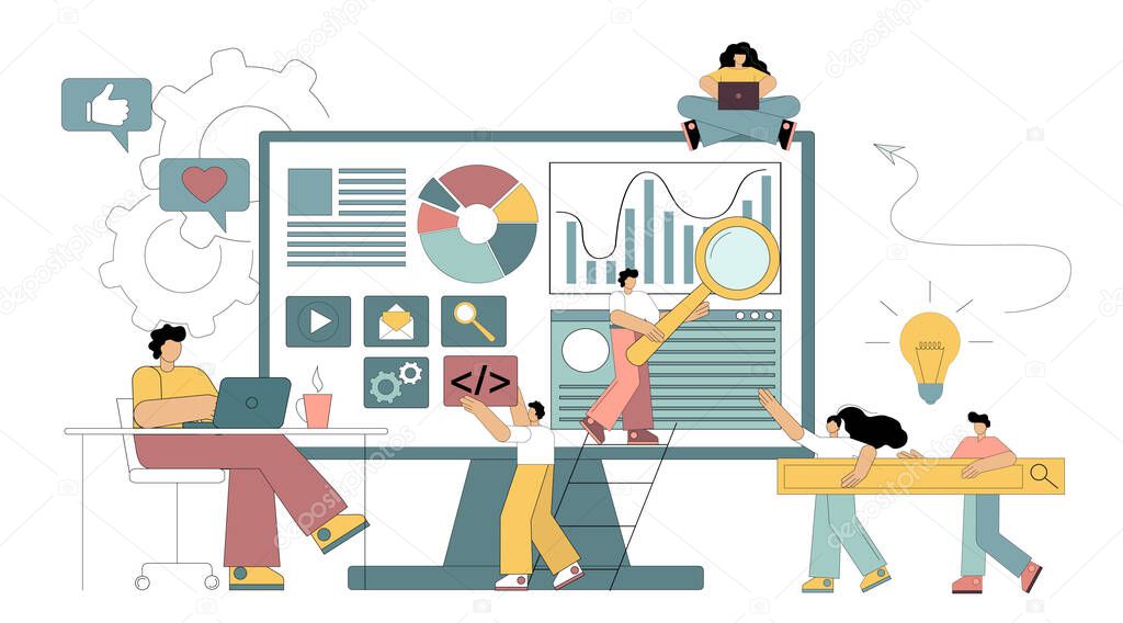 Website development, creation. Programming, script coding, application for mobile devices. A group of software developers. Vector illustration isolated on white background.