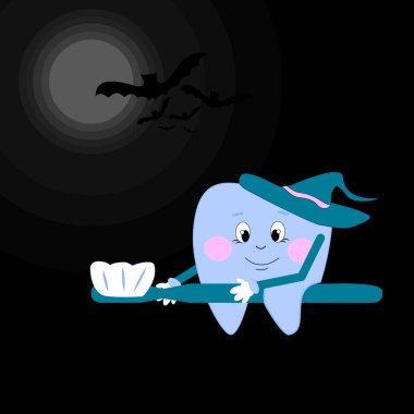 Şapkadaki diş, diş fırçasında uçar. Mutlu Cadılar Bayramı. Grafik çizimi.