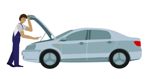 Kaputun altındaki araba tamircisi araba tamirhanesinde motor tamir ediyor. Düz biçim vektör çizimi beyaz arkaplanda izole edildi.