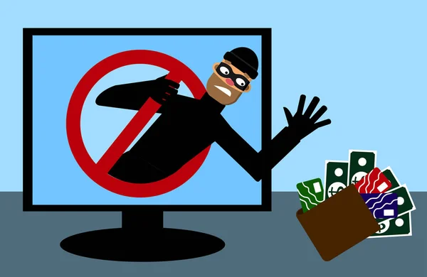 Maskeli adam, hırsız para ve kredi kartı ister. İnternet güvenliği. Vektör illüstrasyonu
