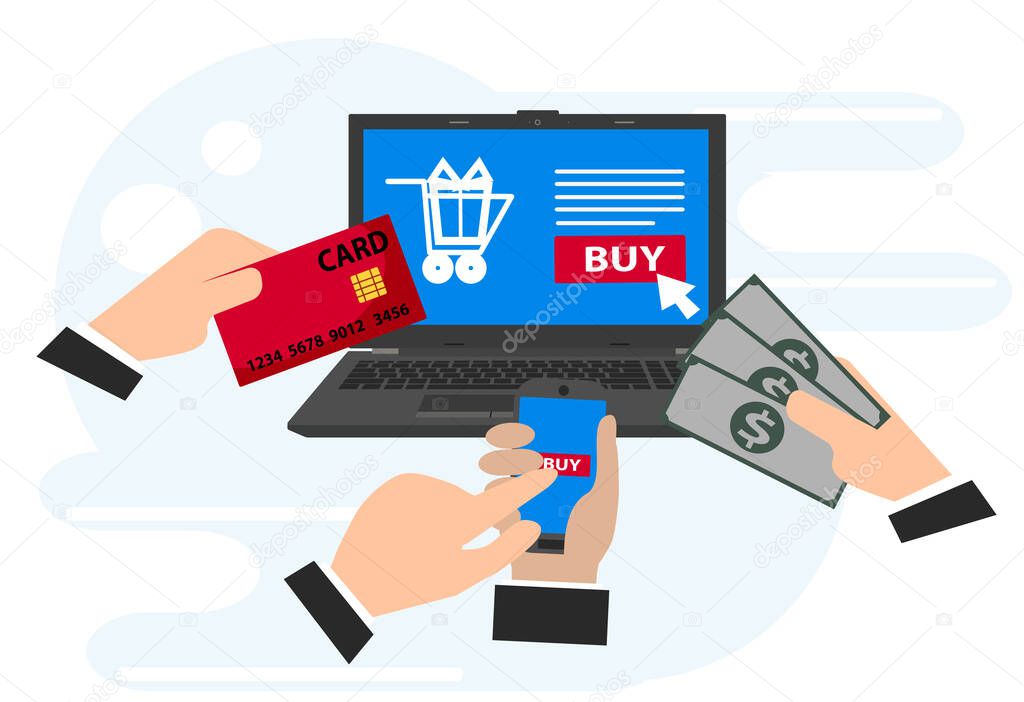 Concepts of online payment methods, online payments, confirmed finance people hands mobile banking workplace vector illustration in flat style.