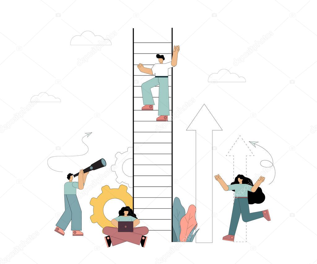 A man climbs up the stairs. Way to success. Career growth. Search for ideas. Vector illustration isolated on white background.