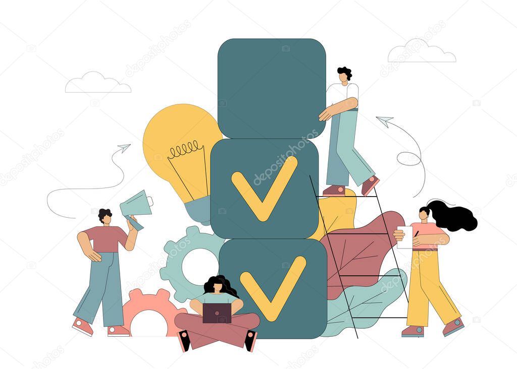 Vector. Business planning, setting a task, implementing an idea, executing a plan, teamwork. Vector illustration isolated on white background.