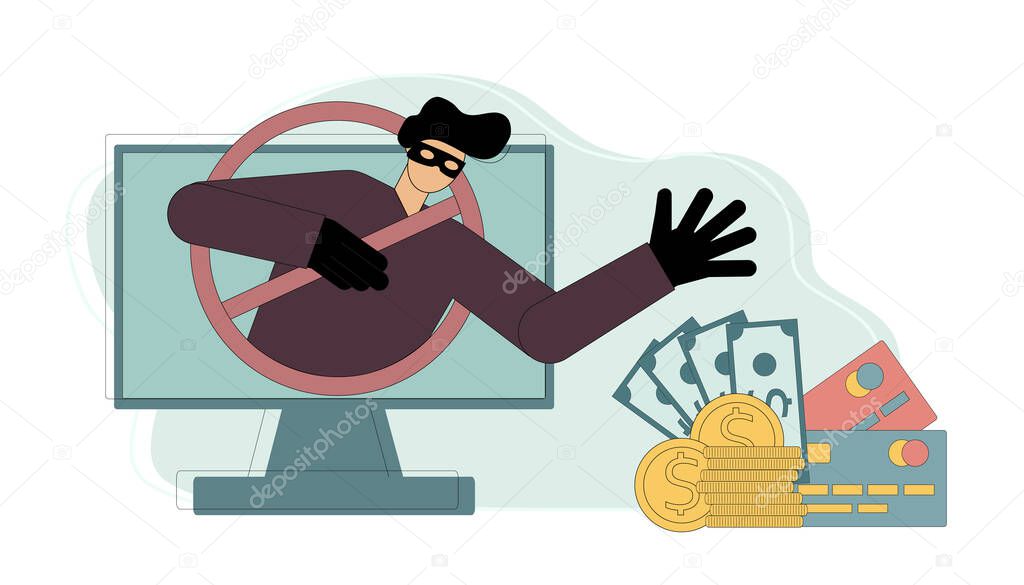 man pulls his hand to a wallet, money, credit cards. Fraudster. Money fraud. Deceiver. Vector isolated illustration on white background.