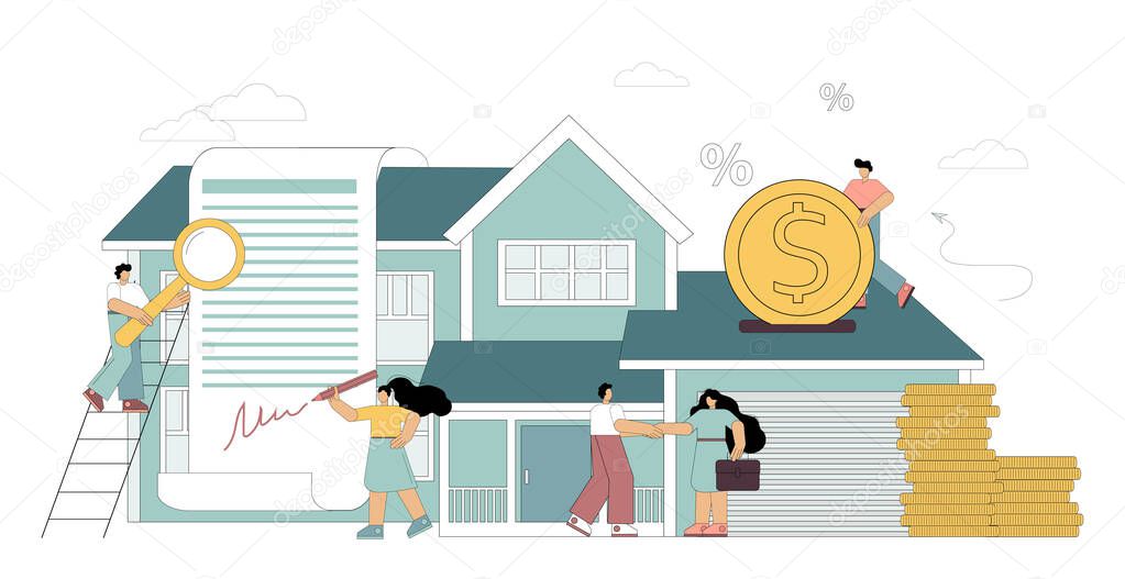 Concept mortgage loan. Home loan. Investing money in real estate. Purchase of real estate. Vector illustration isolated on white background.