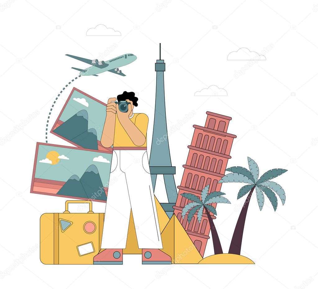 Tourism concept. The tourist takes pictures of the sights. A traveler with a camera against the backdrop of the Eiffel and Leaning Towers of Pisa, Egyptian pyramids and palm trees. Vector isolated illustration on white background