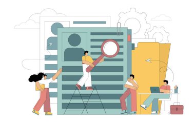 Vektör çizimi. Düz insanlar özgeçmişleri düşünür, çalışanları seçer, işleri değerlendirir..