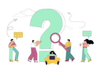 İnsanların soru işareti etrafında sık sık soru sordukları kavramı. Bir sorum var. Beyaz arkaplanda vektör illüstrasyonu