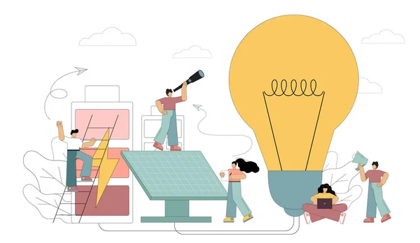 Küçük insanlar alternatif yenilenebilir enerji kaynakları yaratıyorlar. Güneş enerjisi, doğal kaynak çıkarma, dünya saati, enerji tasarrufu. Vektör illüstrasyonu beyaz arkaplanda izole edildi.