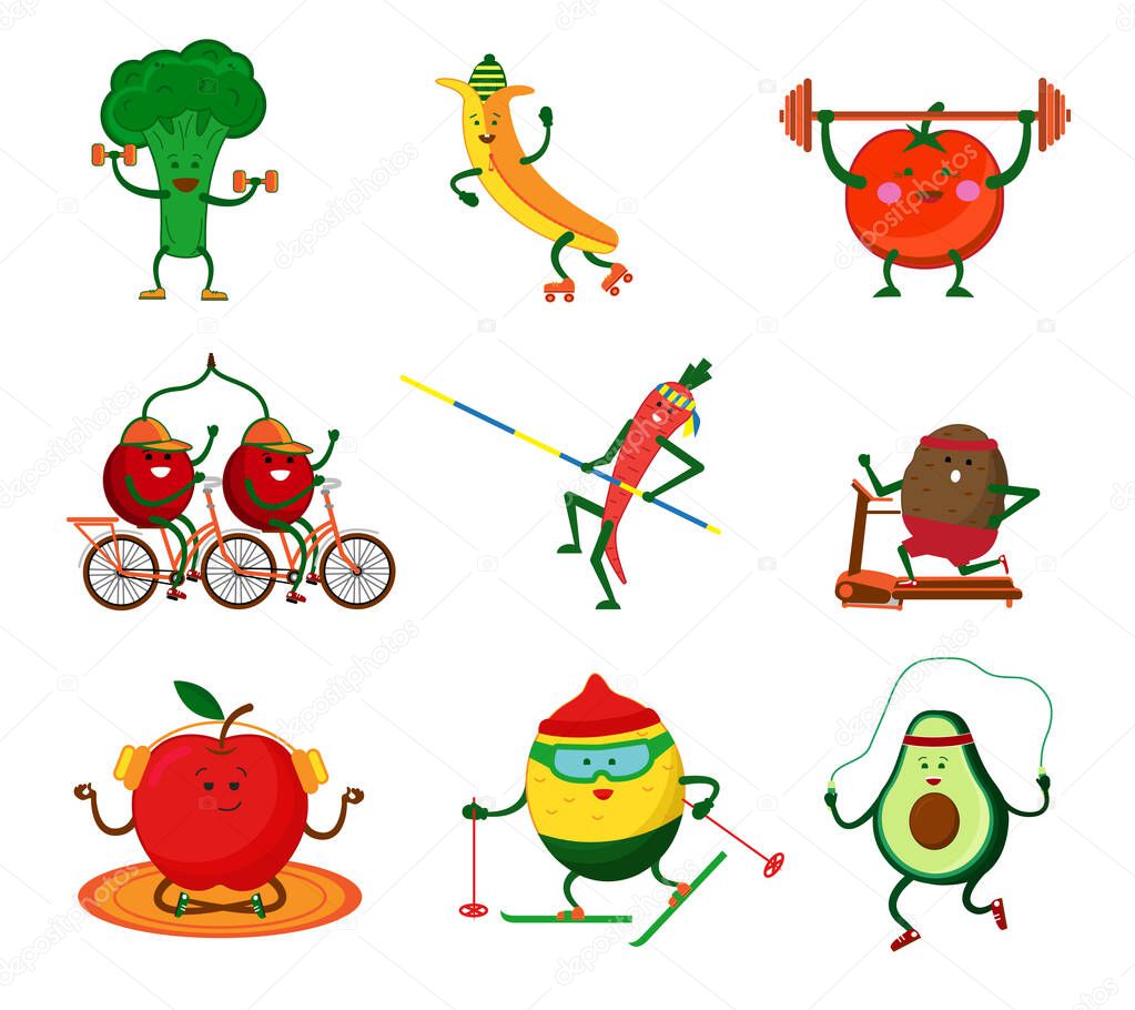 Cute vegetables and fruits going in for sports. Broccoli with dumbbells, carrots with a pole, Tomato raises a barbell, cherries ride a bike, an apple, a lemon on skis. Vector illustration isolated on white background.