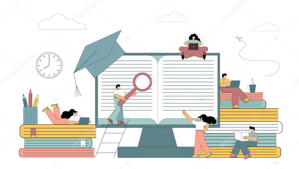 Online education at home, e-learning, Distance learning. Flat people use modern technologies for self-education. Vector isolated illustration on white background.