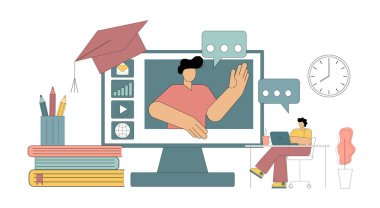 Profesyonel bir öğretmenle çevrimiçi öğrenme. İnternet dersi, online ders, web sitesi, dijital sınıf. Vektör izole vektör illüstrasyonu