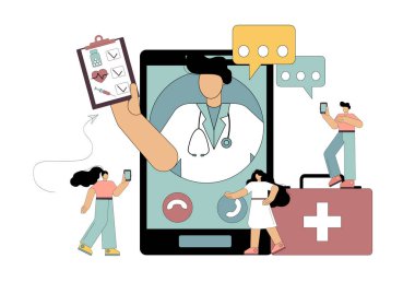 Düz insanlar doktora gider, telefonla tavsiye alırlar. Karantina önlemleri. Vektör izole illüstrasyonu.