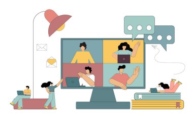 Çevrimiçi toplantı ya da evden video konferansı. Küçük insanlar aygıtlar, bilgisayarlar, dizüstü bilgisayarlar, akıllı telefonlar aracılığıyla iletişim kurarlar. Vektör illüstrasyonu beyaz arkaplanda izole edildi.