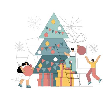 İnsanlar Noel ağacını süslüyor. Tatil için hazırlanıyorum, yeni yıl için. Noel arifesi. Bir mucize beklemenin hazzı. Vektör illüstrasyonu beyaz arkaplanda izole edildi.
