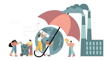 Gezegeni kirlilikten, zararlı maddelerin çevreye salınımından korumak. Düz insanlar gezegenin üzerinde bir şemsiye tutuyor. Gezegeni kurtarmak için gerekli önlemler. Vektör illüstrasyonu