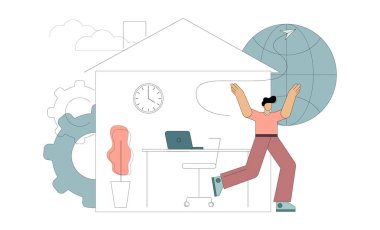 Karantina sona erdi, salgın sona erdi. Küçük adam sevinçle evden kaçar. Mezuniyet sembolü izole edilmiş. Vektör illüstrasyonu