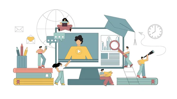 Evde online eğitim, e-öğrenme kavramları. Beyaz arkaplanda vektör illüstrasyonu