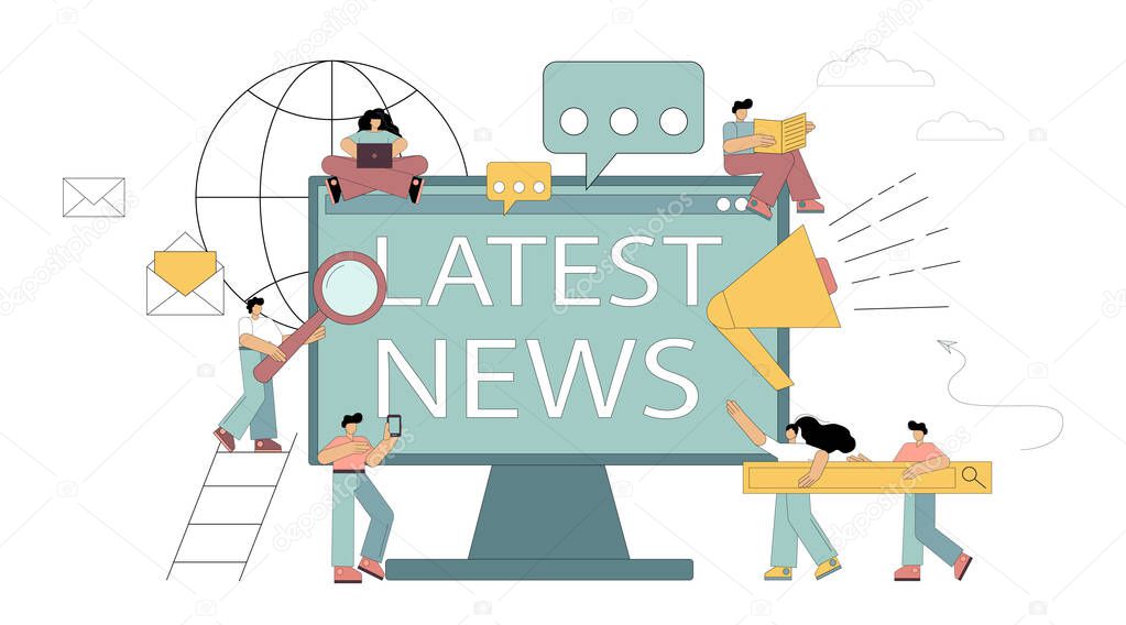 Latest news, sources of information, public awareness. Little people spread news, online news, information about events, announcements. Flat vector illustration isolated on white background