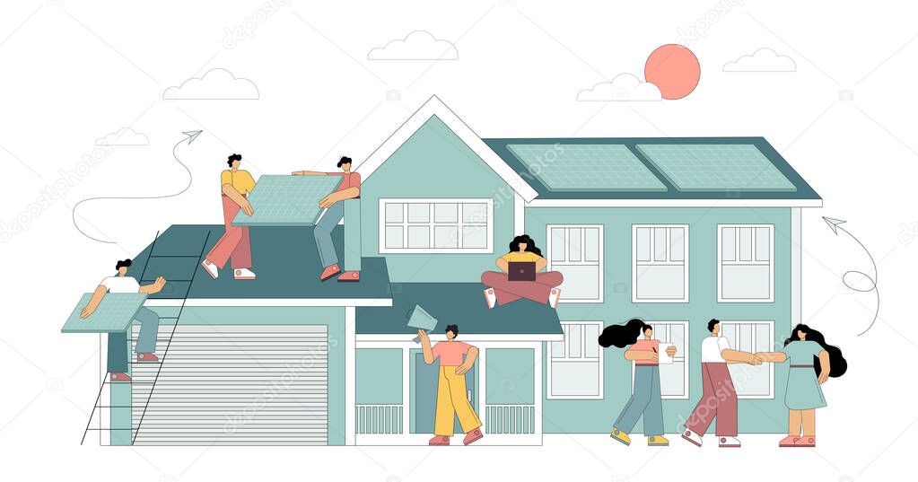 Installation of solar panels, panels on the roof of a residential building. Vector isolated illustration on white background.