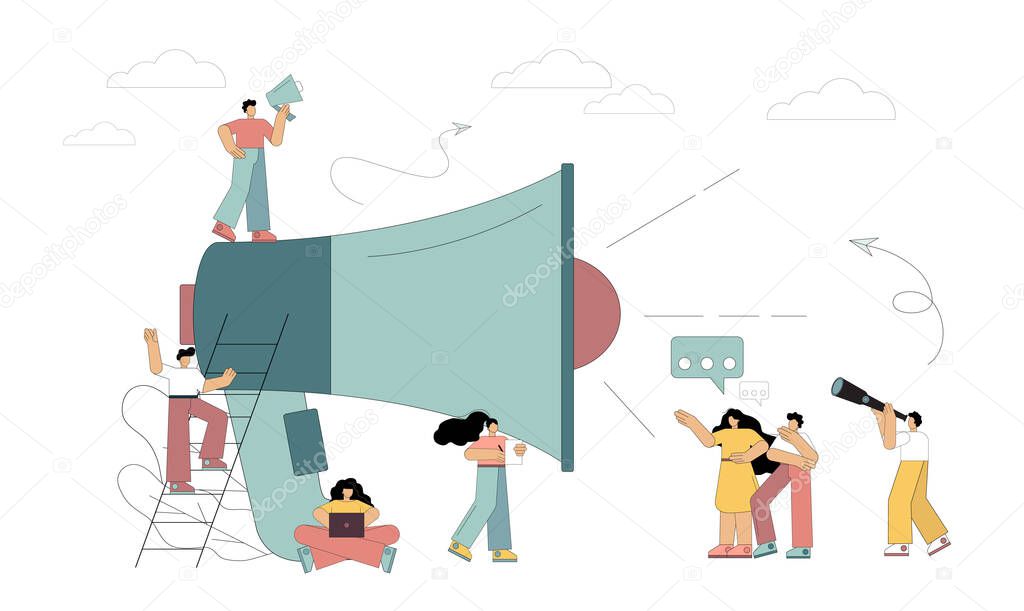 Loudspeaker talks to the crowd. Informing, promoting advertising, shares, announcing. Marketing. Vector illustration in flat style on white background