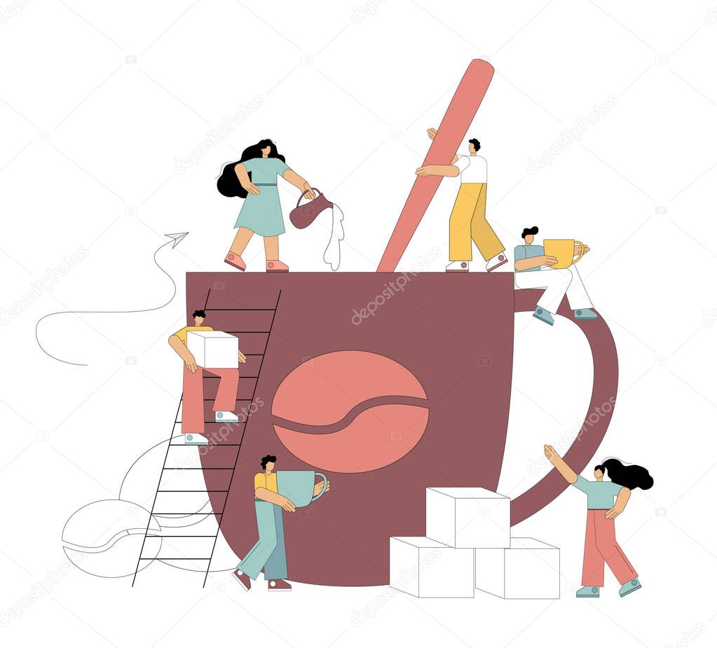 Making coffee. Coffee concept. Small flat people make coffee. Mixes coffee with a spoon, adds milk, puts sugar, drinks coffee. Vector illustration.