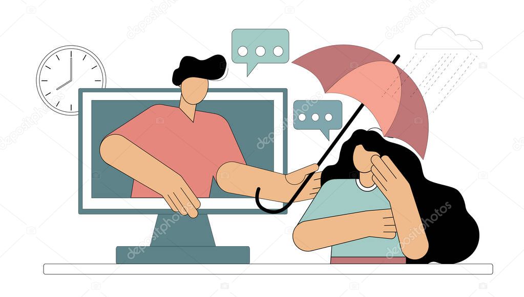 Online therapy and consultation for people. Remote psychological support. Online psychologist service. Vector isolated illustration on white background.