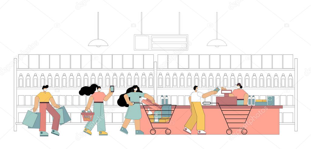 People in medical masks with baskets and carts stand in line at the supermarket. Payment for the purchase at the checkout. Quarantine measures to protect buyers from the virus. Flat vector illustration isolated on white background.