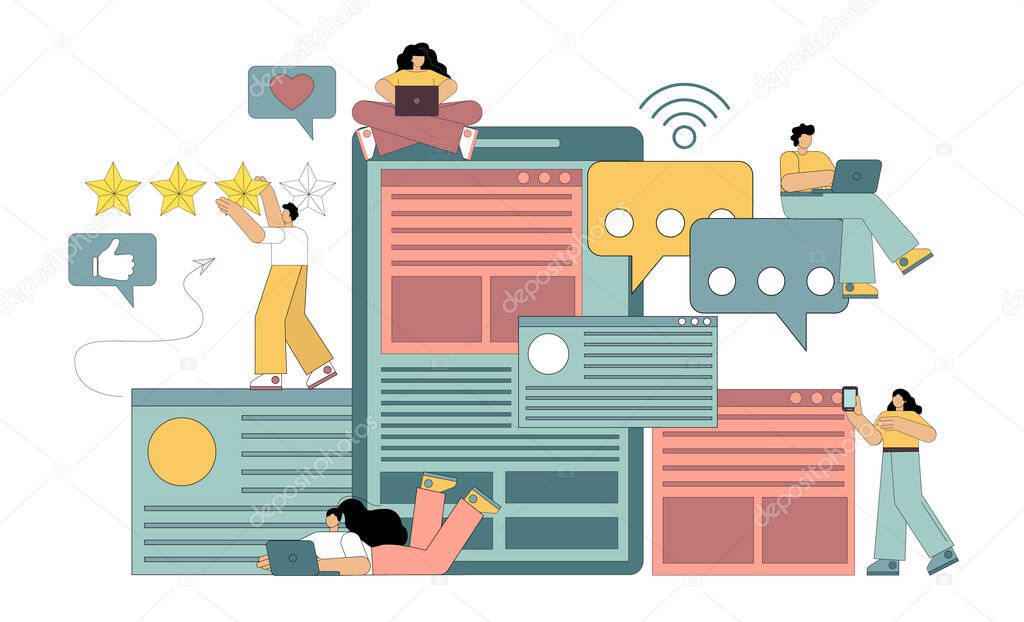 Social networks, virtual communication, online news, chat. Little people use gadgets for communication and communication. Flat vector illustration