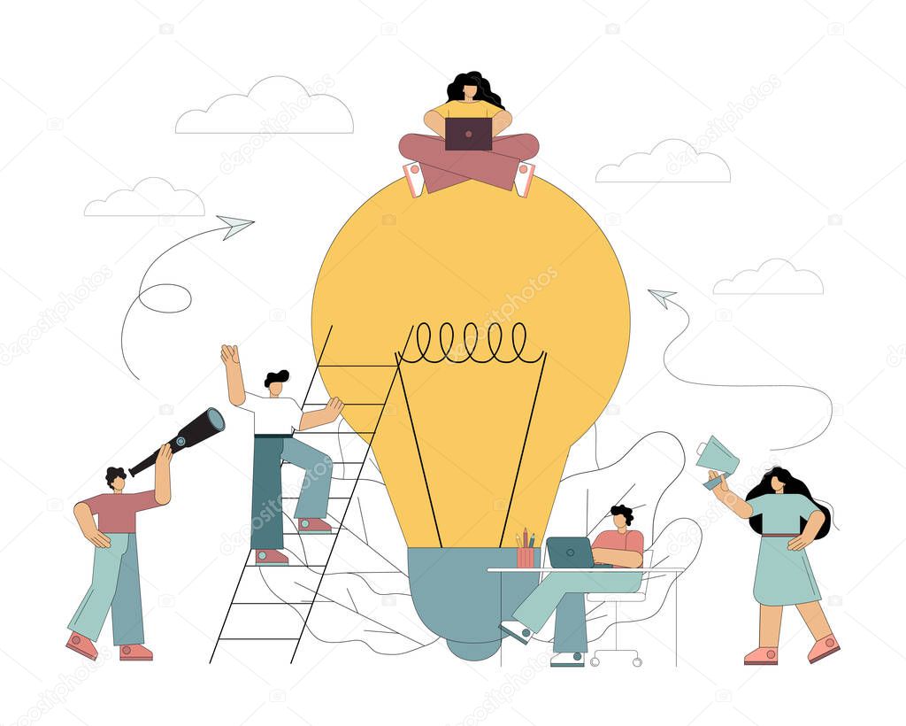Teamwork concept, flat people surrounded a big light bulb in search of ideas, group problem solving. Vector isolated illustration on white background.