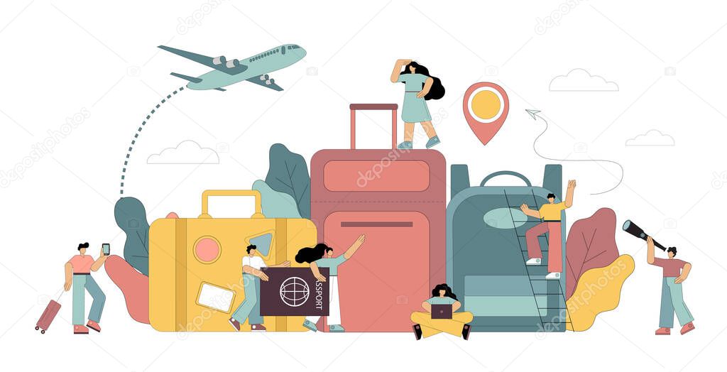 Travel, concept of vacation planning, trip, business trip. Tourism, tour, suitcase, bag, backpack. Vector illustration
