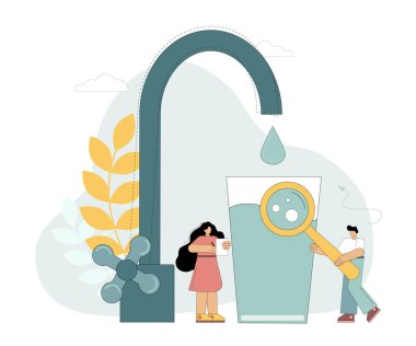 Temiz içme suyu. Bir bardak temiz suyu olan küçük karakterler. Sıvı kaynağının korunması. İçme ihtiyacının tatmini. Vektör izole illüstrasyonu.