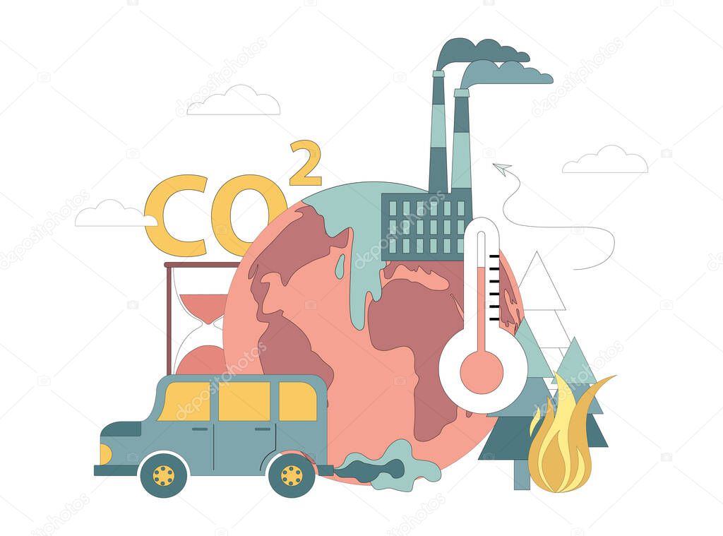 Air pollution with CO2 gas. Greenhouse gas warming effect. Environmental hazard from human activities. Vector illustration isolated on white background.