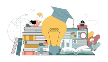 Uzaktan öğrenme çevrimiçi. Küçük karakterler modern teknoloji ve aletlerle eğitilir..