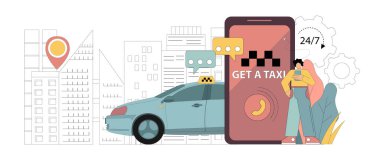 Online taksi servisi. Cep telefonu uygulaması kullanarak taksi çağırmak. Mobil servis uygulaması. Beyaz arkaplanda vektör illüstrasyonu.