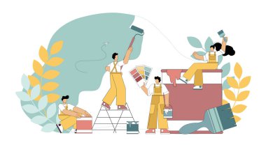 Vektör. Boyama işi. Ressamlar duvarı boyayla boyarlar. Dekoratör olarak çalışıyorum, iç yenileme servislerinde. Düz vektör illüstrasyonu.