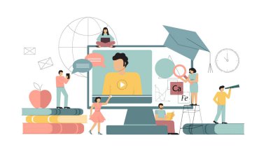 Evde online eğitim, e-öğrenme kavramları. Beyaz arkaplanda vektör illüstrasyonu.