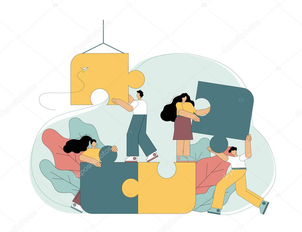 Puzzle team. Collaboration, teamwork. Partnership. People put the puzzle together. Vector illustration isolated on white background.