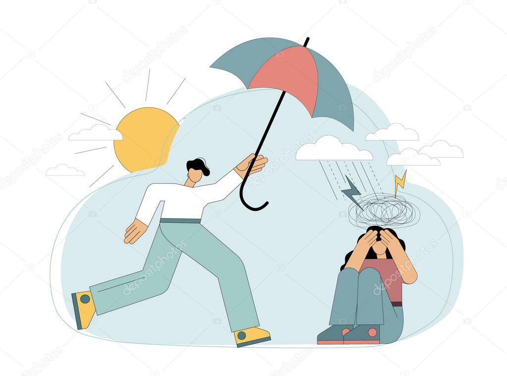 Vector. Psychological help. A woman is in stress, a man with an umbrella is in a hurry to help. Stress. Vector isolated illustration.