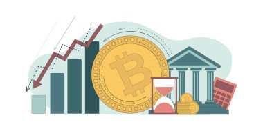 Düşen bitcoin, durgunluk. Bitcoin parası azalan bir histograma doğru yuvarlanıyor. Vektör düz resimleme.