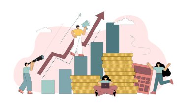 Küçük insanların planı, şirketi geliştirmek. Başarı kavramı, finansal büyüme, beyaz arka planda kar vektörü illüstrasyonu