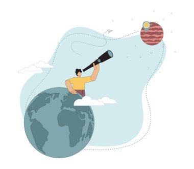 Uzay keşfi. Mars 'ın kolonileşmesi. Kızıl gezegene dürbünden bakan bir adam. Pastel renklerde beyaz bir arkaplanda izole edilmiş vektör illüstrasyonu