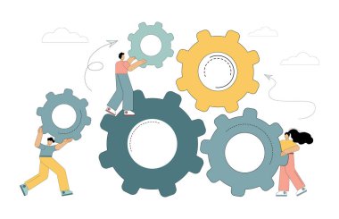 Beyaz arkaplanda vektör çizimi izole edildi. Takım çalışması konsepti. İnsanlar vites bağlar. Etkin takım.