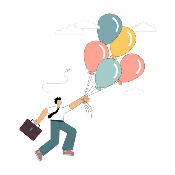 Homem Negócios Voa Balões Fugir Para Sonho Ilustração Vetorial Isolada — Vetor de Stock