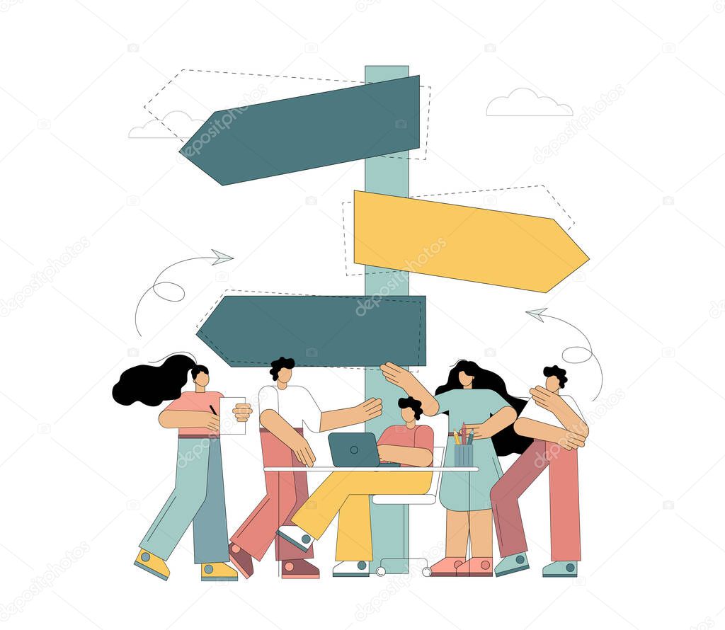 Choice. People stand at the road sign and choose the direction. Vector illustration isolated on white background.