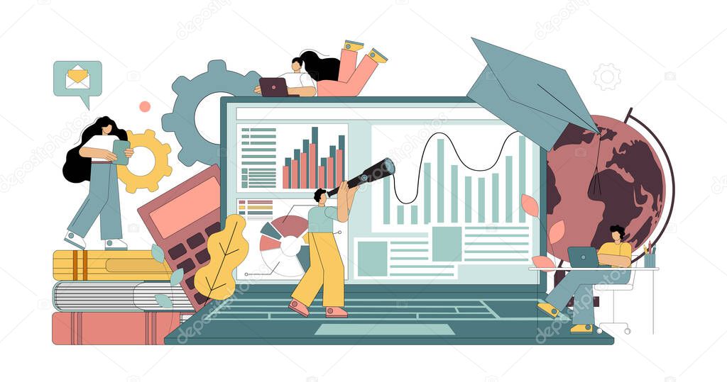 Online teaching. Distance education. E-learning concept. Flat people study remotely using the Internet and other modern gadgets. Vector isolated illustration on a white background in pastel colors