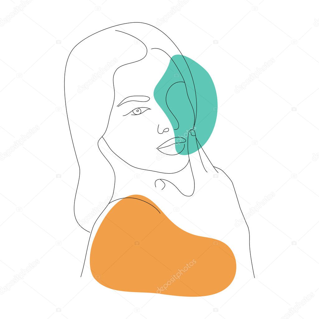 Woman face with colored spots. Vector line drawing art of a face. Minimalist woman portrait. Logo, print for a T-shirt. Vector illustration on white background